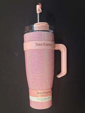 Juicy Couture 40oz Pink Rhinestone Bling Stainless Steel Tumbler with Straw. NEW